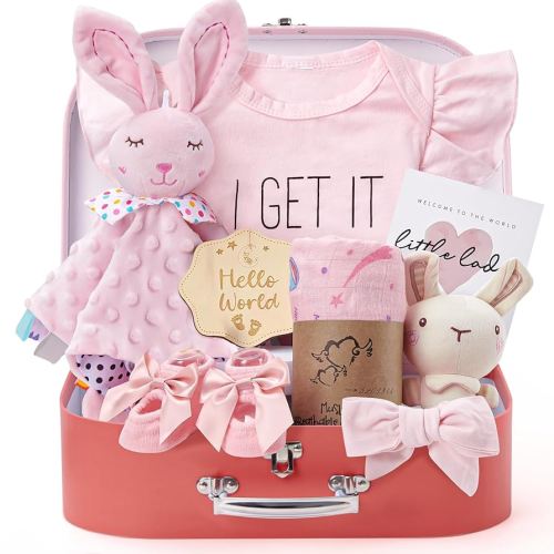 Golray Baby Shower Gifts for Girls, Baby Girl Gifts, Baby Shower Gift Baskets with Rattle, Blanket/Onesies Set, New Born Essential Stuff, Gender Reveal Ideas Infant New Born Baby Girls Gift Basket