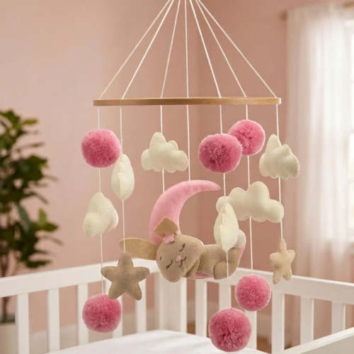 Dreamy Pink Nursery Mobile - Hanging Sleeping Bunny on Crescent Moon with Pom-Poms and Clouds, Perfect Baby Shower Gift