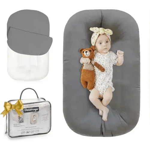 Baby Lounger for Newborn - Snuggle Cozy Me Lounger | Breathable Soft Cotton, 0-24 Months Portable Playtime Baby Nest, Newborn Baby Essentials Gifts - Grey (1 Lounger + 1 Cover)