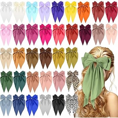 36 Pcs Big Hair Bows for Women Silky Satin Hair Bows Bulk Oversized Long Tail Black White Hair Bow Large Hair Ribbons Hair Clips Barrettes Bow Knot Hair Accessories Gift