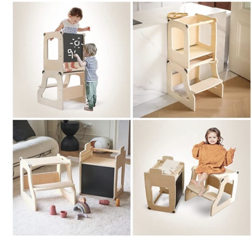 Toddler Tower Kitchen Helper - 4 in 1 Learning Wooden Tower with Chalkboard Kitchen Standing Counter Stool | Kitchen Tower for Toddlers, Children, Kids 18m-6yr