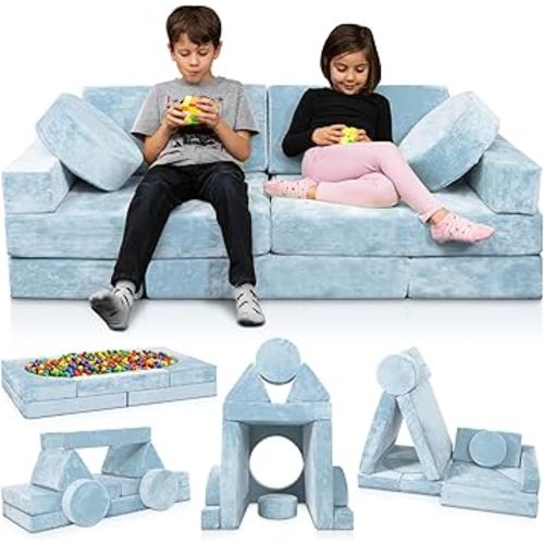 Lunix LX15 14pcs Modular Kids Play Couch, Child Sectional Sofa, Fortplay Bedroom and Playroom Furniture for Toddlers, Convertible Foam and Floor Cushion for Boys and Girls, Blue