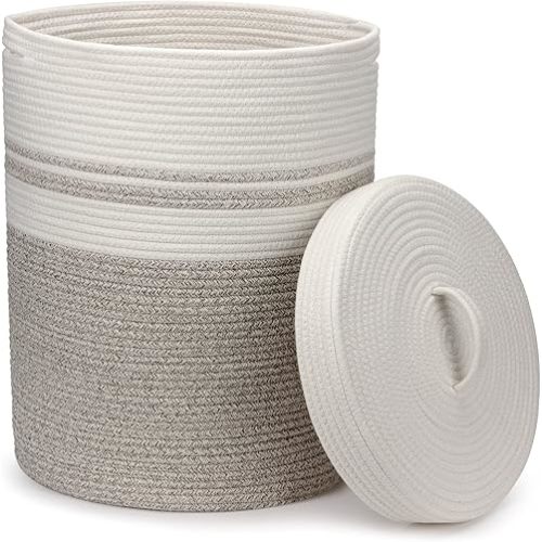 Laundry Hamper with Lid, Large Woven Laundry Basket，Blanket and Toy Storage Basket for Living Room, Bedroom, Bathroom, Nursery（Brown and White，55L）