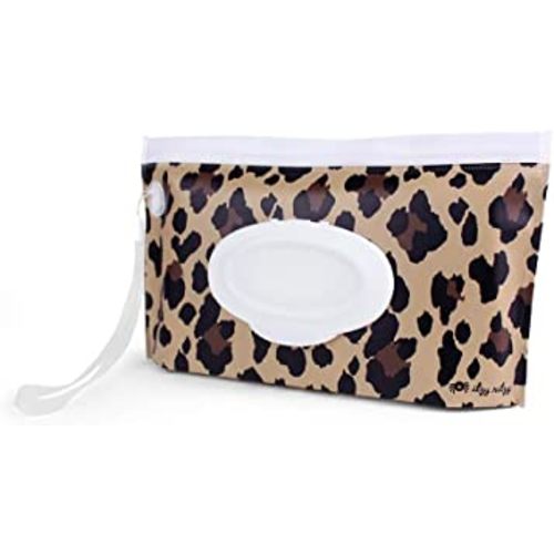 Itzy Ritzy Travel Wipes Case - Reusable Wipe Pouch – Take & Travel Pouch Holds Up To 30 Wet Wipes, Includes Silicone Wristlet Strap, Leopard