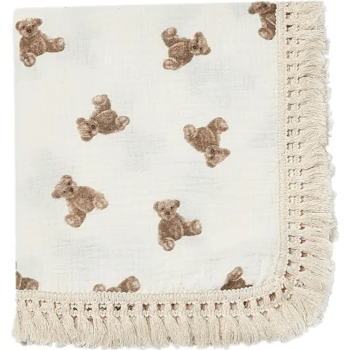 insular Cotton Muslin Baby Blanket with Tassel, Boho Bohemian Muslin Swaddle Blanket Baby Receiving Blanket with Fringe, Nursery Decor Throw or Nursing Blankets, 47" x40”, Little Bear