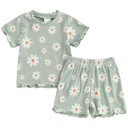 fhutpw Toddler Baby Girls Summer Outfits Daisy Ruffle Short Sleeve T-Shirts Tops Floral Shorts 2Pcs Clothes Set 6M-4T