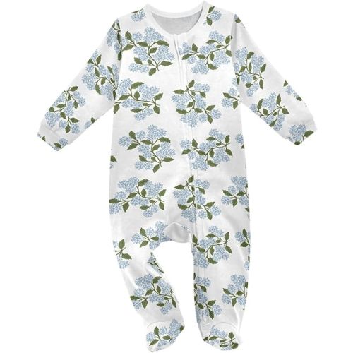 Blue Blooming Hydrangea Floral Baby Girl Boys Sleeper Newborn Baby Play One Piece Footie Infant Romper, 0-24 Months