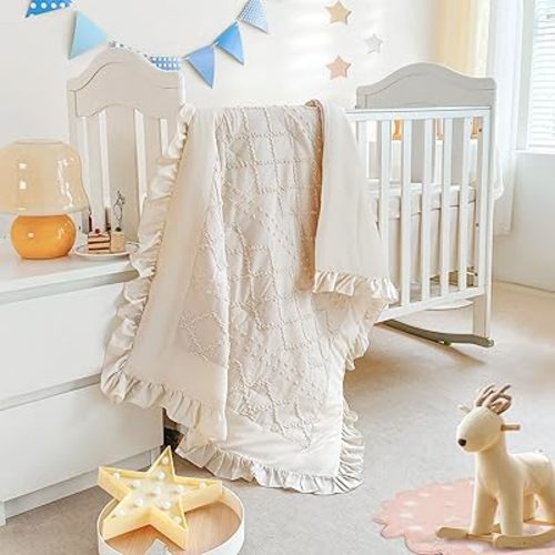 Wowelife Crib Bedding Set for Girls, 3PCs Boho Crib Comforter Set Beige, Ruffle Baby Bedding Set Nursery Bedding Sets for Baby Girls and Boys, Include Quilted Comforter, Crib Skirt and Sheet, Beige