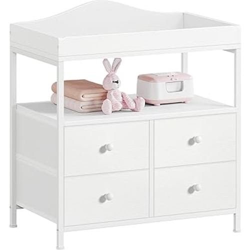 BOLUO White Changing Table with Drawers Fabric Baby Dresser with Changing Table Top Diaper Changing Station with Storage Shelf for Nursery Modern