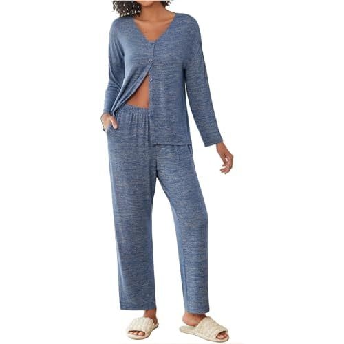 Ekouaer Womens Pajama Sets Button Up Long Sleeve Pjs Ribbed Knit Soft Lounge Set 2 Piece Sleepwear with Pockets