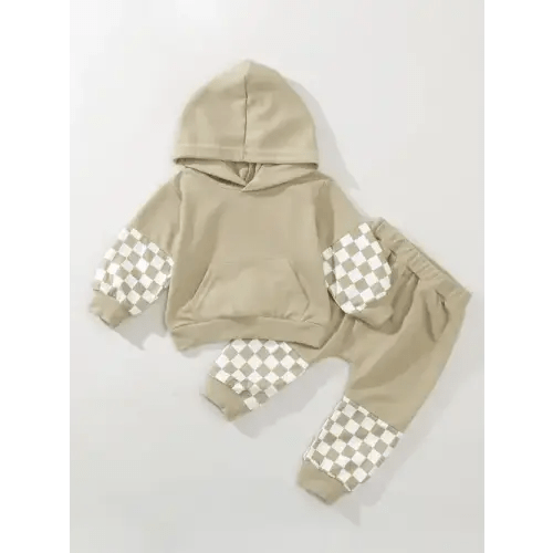 2pcs Baby Boys Trendy Checkboard Hooded Sweatshirt Trousers Set, Toddler Casual Outfit Clothes