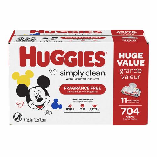 HUGGIES Simply Clean Fragrance-free Baby Wipes, Soft Pack (11-Pack, 704 Sheets Total), Alcohol-free, Hypoallergenic (Packaging May Vary)