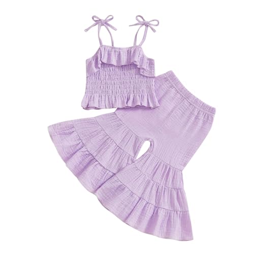 Kavousa Toddler Baby Girl Smocked Outfit Ruffle Halter Shirt Flared Pants Set Toddler Bell Bottom Outfit Summer Clothes