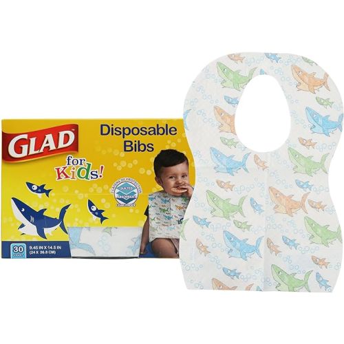 Glad for Kids Sharks Paper Bibs, 30 Count - Disposable Paper Bibs with Cute Sharks Design for Kids - Travel Bibs for Kids - Art & Craft Disposable Kids Bibs - 30 Count (Pack of 1)