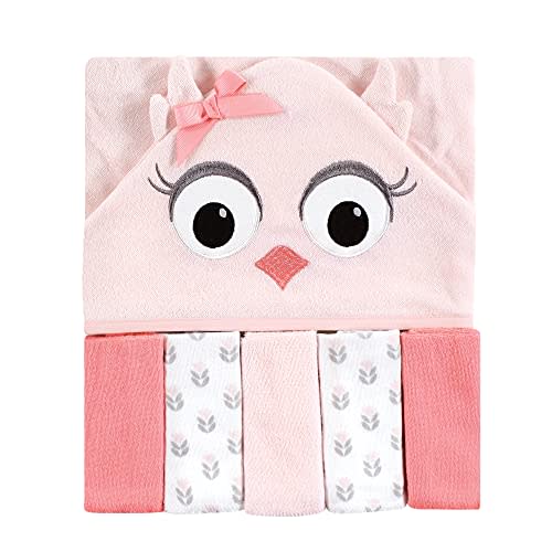 Hudson Baby Unisex Baby Hooded Towel and Five Washcloths, Pink Owl, One Size