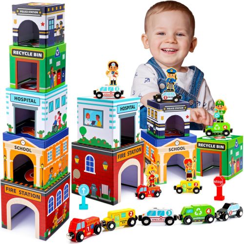 Amazon.com: Baby Stacking Toys for Toddlers, Magnetic Wooden Cars & Garage Sorting Community Helpers Preschool Educational Learning Montessori Toys Birthday Gifts for Kids Number Blocks Nesting Boxes