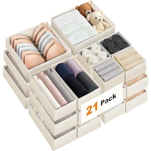 Premium Natural Linen Drawer Organizer Clothes, 21 Pack Dresser Organizer for Baby Clothes, Underwear, Socks, 3 Sizes Foldable Closet Organization and Storage Bins for Nursery, Bedroom (Beige)