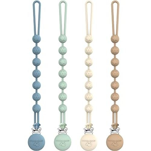 Cuddle Campus Silicone Pacifier Clip Holder with One Piece Design, Pack of 4 Soft Flexible Binky Clips with Texture for Baby Boy and Girl
