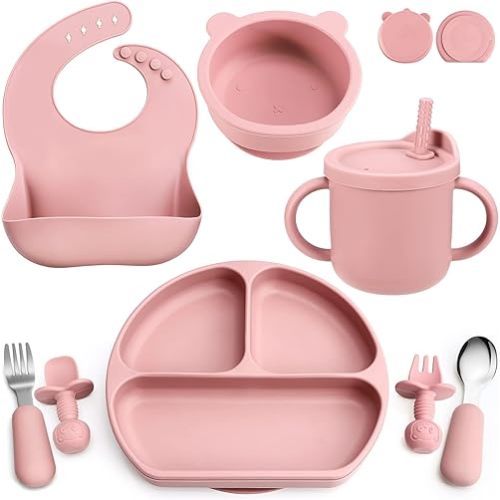Silicone Baby Feeding Set, Baby Led Weaning Supplies with Suction Bowl Divided Plate, Toddler Self Feeding Dish Set with Spoons Forks Sippy Cup Adjustable Bib, Eating Utensils for 6+ Months(Pink)