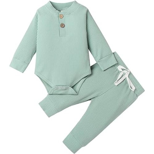 Newborn Baby Boy Girl Clothes Ribbed Knitted Cotton Long Sleeve Romper Long Pants Solid Color Fall Winter Outfits