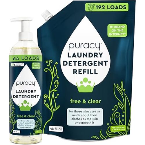 Puracy Liquid Enzyme Laundry Detergent Refill-1,4 Dioxane Free, Natural, Gentle Laundry Detergent Liquid Concentrate Laundry Pouch with Stain Fighting Enzymes, Free and Clear, 16 fl oz & 48 fl oz