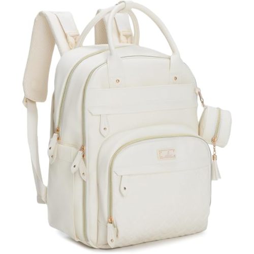 BabbleRoo Leather Diaper Bag Backpack - Baby Essentials Travel Baby Bag, Multi function, Waterproof, with Changing Pad, Stroller Straps & Pacifier Case – Unisex, Eggshell White