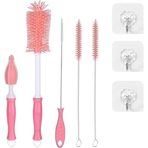 Silicone Cleaning Brush Kit – Household Cleaning Brushes for Bottles and Crevices – Food-Grade Silicone: Dishwasher Safe (Pink)