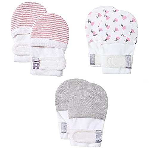 HAPIU Baby No Scratch Mittens Stay On, 100% Cotton Breathable, Adjustable Infant Gloves for Boys Girls, Newborn - 12 M
