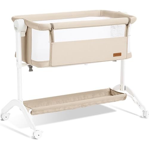 Bassinet Bedside Sleeper - All-Mesh Design, Portable Bedside Bassinet for Baby with Washable Mattress, 5 Adjustable Heights(Beige)