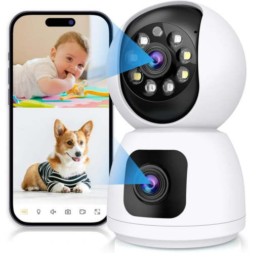 2K Dual Lens Indoor Security Camera, 2.4GHz WiFi Indoor Camera for Home Security, Baby/Pet Camera Indoor with Night Vision, Motion Detection, Two-Way Audio, Siren, Cloud & SD Card Storage