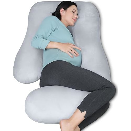 MOON PARK Pregnancy Pillows for Sleeping - U Shaped Full Body Maternity Pillow with Removable Cover - Support for Back, Legs, Belly, HIPS - 65 Inch - Light Grey - Cooling Cover