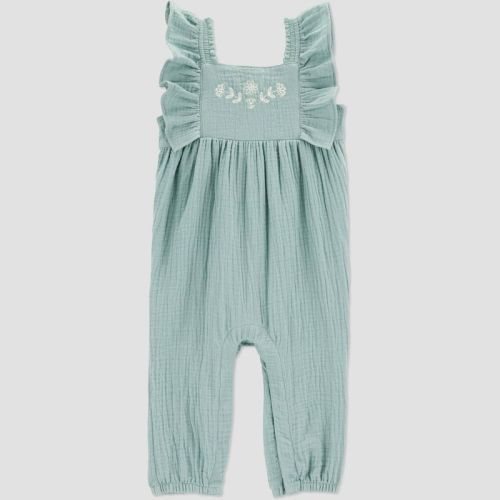 Carter's Just One You®️ Baby Girls' Embroidered Gauze Jumpsuit - Green/white 6m: Cotton, Floral Pattern, Ruffle Sleeveless, Snap Closure