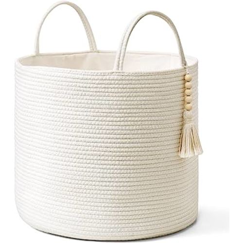 Mkono Woven Storage Basket Decorative Natural Rope Basket Wooden Bead Decoration for Blankets,Toys,Clothes,Shoes,Plant Organizer Bin with Handles Living Room Home Decor, White, 16" W × 13.8"L