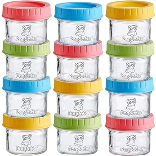 PandaEar (12 Pack) Glass Baby Food Storage Jars | 4 oz Reusable Small Containers Freezer Storage with Airtight Lids Leak Proof | Microwave & Dishwasher Safe | Infants Kids Babies