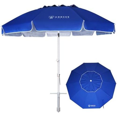 AMMSUN 8 Feet Large Beach Umbrella with Sand Anchor Heavy Duty High Wind Portable Outdoor Umbrellas UV 50+ Protection Air Vent Tilt Patio Garden Pool