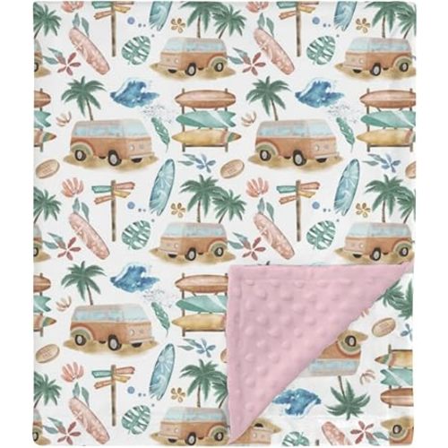 HawSkgFub Boho Beach Surfing Mink Baby Blankets Dotted Backing Girl Shower Gift, Summer Pink Surf Board Camper Van Double Layer Nursery Swaddle, Soft Newborn Infant Toddler Bed Crib Bedding 30 x 40