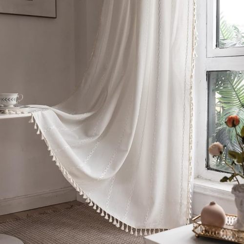 RoomTalks White Boho Farmhouse Curtains for Bedroom Living Room 84 Inch Length French Country Cute Polyester Window Curtain Panels Embroidery Striped Bohemian Chic Tassel Draperies, 84’’L x 52’’W