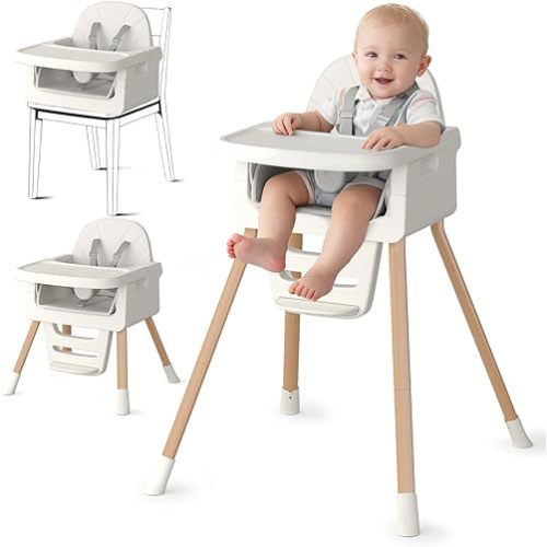 Baby High Chair for 6 Months+, Foldable High Chairs for Babies and Toddlers, Convertible Toddler Chair, Adjustable Tray & Footrest, Lightweight, Stable & Easy to Clean(White with Wood Grain)