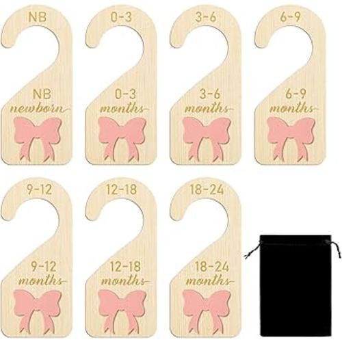 R HORSE Wooden Baby Closet Dividers - 8Pcs 3D Coquette Pink Bow Baby Closet Organizer Double-Sided Newborn Clothes Size Hanger Dividers Nursery Birthday Gift for Boy Girl (0-24 Months)