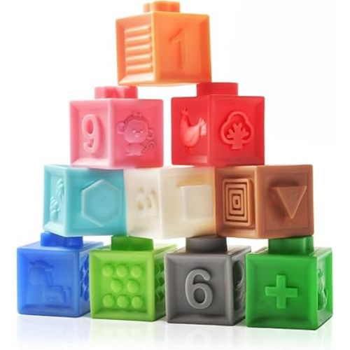 EPPO 12PCS Baby Blocks Soft Building Blocks for Baby Toys Montessori Sensory Infant Bath ToysTeethers Toy for Toddlers Babies 6 9 Month 1 2 3Year Old Up