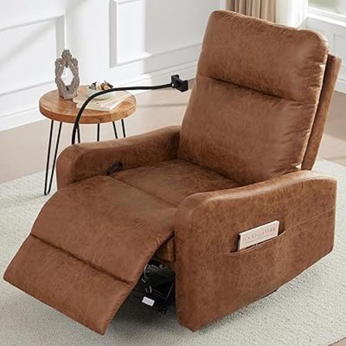 Oversized Leather Recliner Chair with Phone Holder, Swivel Rocking Reclining, Ergonomic Lazy Boy Recliner Chair with Lumbar Support, Manual Glider Sofa Chair for Living Room, RV, Brown