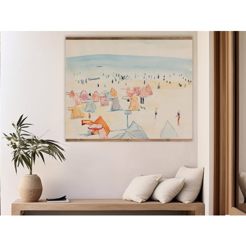 Vintage Beach Watercolor Tapestry, Colorful Beach Cabana Wall Decor, Hanging Canvas Vintage Coastal Beach Painting, XL Pool House Wall Decor
