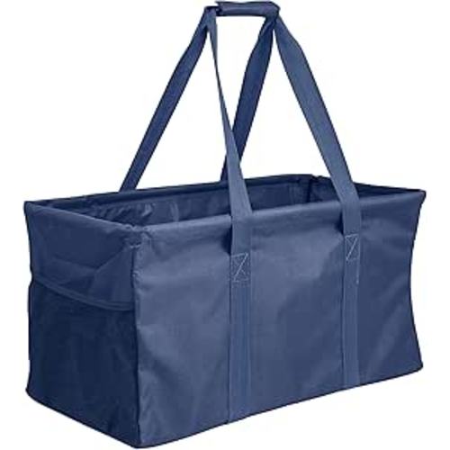 Extra Large Utility Tote Bag - Oversized Collapsible Reusable Wire Frame Rectangular Canvas Basket With Two Exterior Pockets For Beach, Pool, Laundry, Car Trunk, Storage - Navy Blue