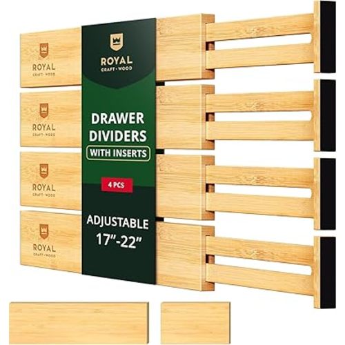 ROYAL CRAFT WOOD Adjustable Bamboo Drawer Dividers Organizers (17-21.5") with Inserts - Expandable Drawer Organization Separators for Kitchen Utensils, Clothes, 4-Pack