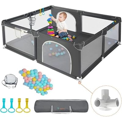 COMOMY Baby Playpen for Toddlers, 79" x 63" Extra Large Baby Playard, Safe and Non-Slip Baby Fence, Full Mesh Design, Indoor & Outdoor Kids Activity Center, Baby Play Pens (Dark Grey)