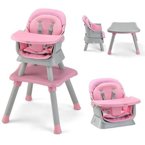 INFANS 8 in 1 Baby High Chair, Convertible Highchair for Babies and Toddlers, Infant Dining Booster Seat, Building Block Table, Kids Stool Table Chair Set with Removable Tray (Pink)