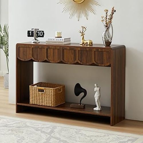 Console Table with Drawers, Mid-Century 43 Inches Narrow Entryway Table with Open Storage Shelves, Hallway Accent Table Behind Couch Table for Living Room - Walnut