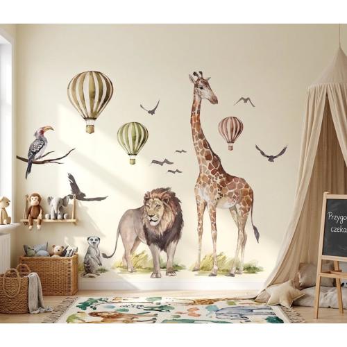 Savanna Wall Decals with Giraffe and Lion, Watercolor Safari Animals for Kids Room Decor
