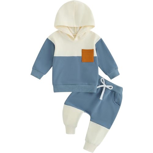 VISGOGO Baby Boy Clothes 3 6 Months,Toddler Hooded Outfits 12 18M Sweater Sweatpants Fall Winter Infant Clothing - 6-12 Months - Beige Blue