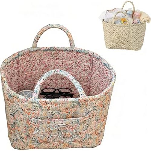 Quilted Storage Basket, Car Storage Basket, Floral Foldable Organizer Bin with Handles & Pocket, Collapsible Fabric Quilted Basket for Home, Picnic, Office (Pink E)